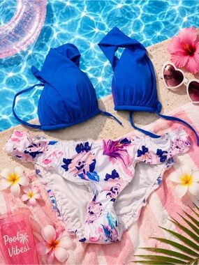 Royal Blue Bikini Top with Floral Swim Bottom